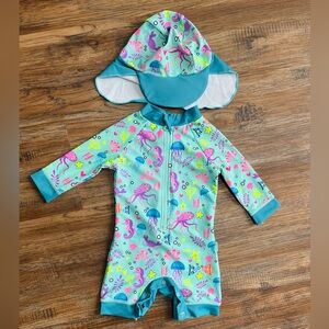 Baby One Piece Swimsuit with Snap Bottom and Swim Hat, Teal, Octopus, 3-6m